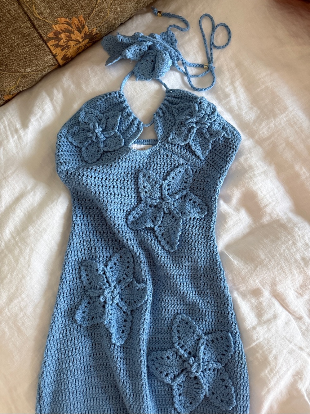 Meshki Light Blue Crochet Dress with Flower Appliqués